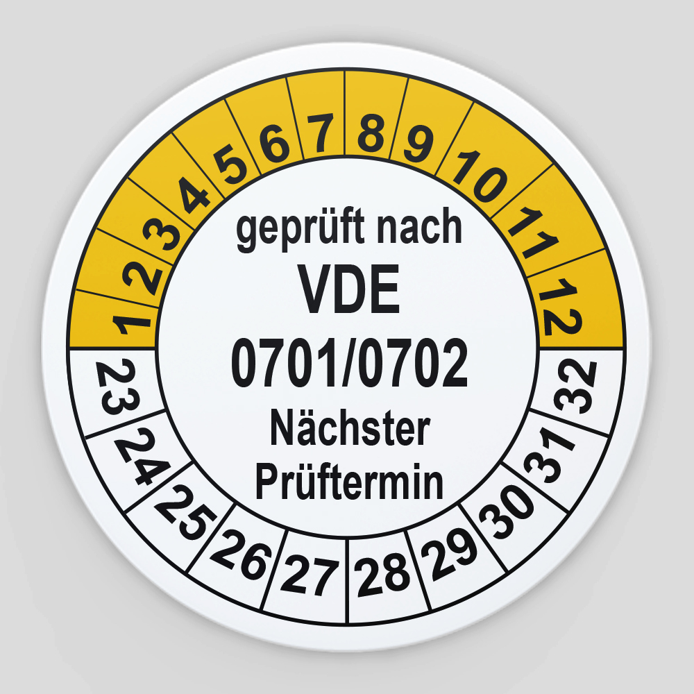 Prüfplakette Geprüft nach VDE 0100 19-25,gelb,Dokumentenfolie,Ø30mm,18/Bogen 