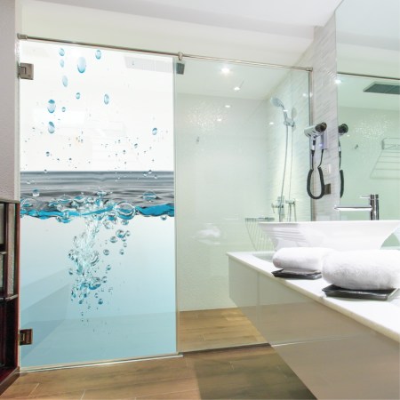 Duschkabinen Aufkleber / Duschkabinen Dekore - Glasdekor Dusche, Wassertropfendruck auf Glasdekorfolie in Sandstrahloptik