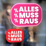 Aufkleber und Dekore - Für den Einzelhandel, Schaufenster-Schaufensteraufkleber - Neueröffnung, Preissturz, Prozente, Rabatte, Aktionen, SALE - Alles muss raus Aufkleber oder Adhäsionsfolie 