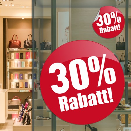 Aufkleber und Dekore - Für den Einzelhandel, Schaufenster-Schaufensteraufkleber - Neueröffnung, Preissturz, Prozente, Rabatte, Aktionen, SALE - 30 % Prozent Rabatt Aufkleber