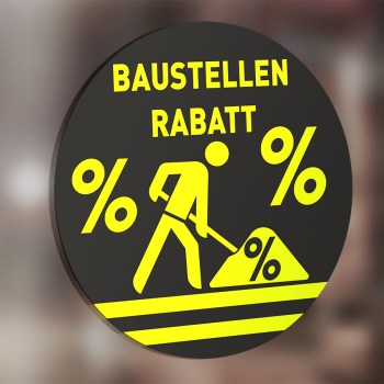 Baustellen Rabatt Aufkleber neongelb, Aktion Prozente Baustellenrabatt