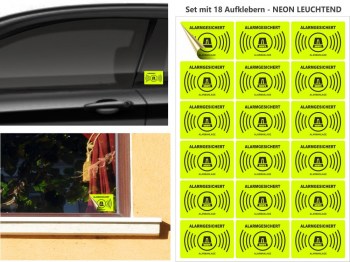 18 Stück Alarmanlagen Aufkleber, alarmgesichert Aufkleber NEON FARBIG