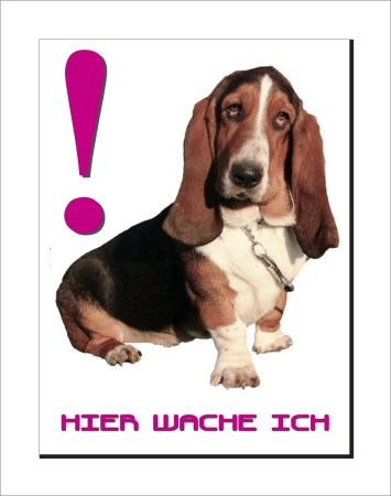 Aufkleber und Dekore - Hinweis und Verbotsaufkleber - Schilder Shop - Schilder und Werbeplanen - Hundewarnschilder Achtung, Vorsicht Hund - Hundeaufkleber und Hundeschilder Shop! - Basset Hunde Schild - HIER WACHE ICH!