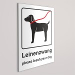 Aufkleber und Dekore - Hinweis und Verbotsaufkleber - Schilder Shop - Schilder und Werbeplanen - Hundewarnschilder Achtung, Vorsicht Hund - Hundeaufkleber und Hundeschilder Shop! - Leinenzwang für Hunde Schild, Beschreibung auf Deutsch und Englisch