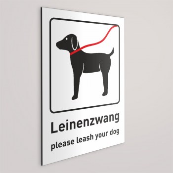 Leinenzwang für Hunde Schild, Beschreibung auf Deutsch und Englisch