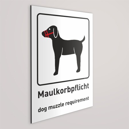 Aufkleber und Dekore - Hinweis und Verbotsaufkleber - Schilder Shop - Schilder und Werbeplanen - Hundewarnschilder Achtung, Vorsicht Hund - Hundeaufkleber und Hundeschilder Shop! - Maulkorb pflicht für Hunde Schild, Beschreibung auf Deutsch und Englisch