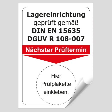 Prüfplaketten Prüfetiketten - Grundplaketten - Grundplakette Lagereinrichtung geprüft gemäß DIN EN 15635 DGUV R 108-007