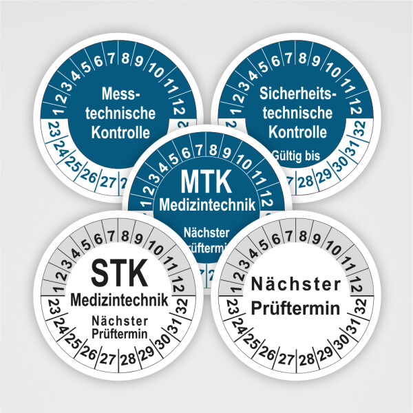 Prüfetiketten 'MTK Prüfung Gültig Bis' 30mm – 50 Stück, PP-Folie, Stark Haftend – Für Medizintechnik Nach MPG