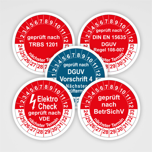 2500 Prüfplaketten 18 Mm – Elektro-Prüfung 2024–2029, Wetterfest, PP-Folie, Mit Spenderbox