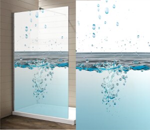 Glasdekor Dusche, Wassertropfendruck auf Glasdekorfolie in Sandstrahloptik