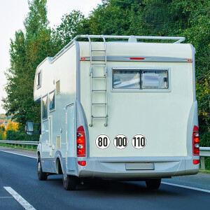 Wiederverwendbar -  im 3er Set Wohnmobil 80,100,110 km/h - Geschwindigkeitsschild nach &sect; 58 StVZO - Saugnapffolie