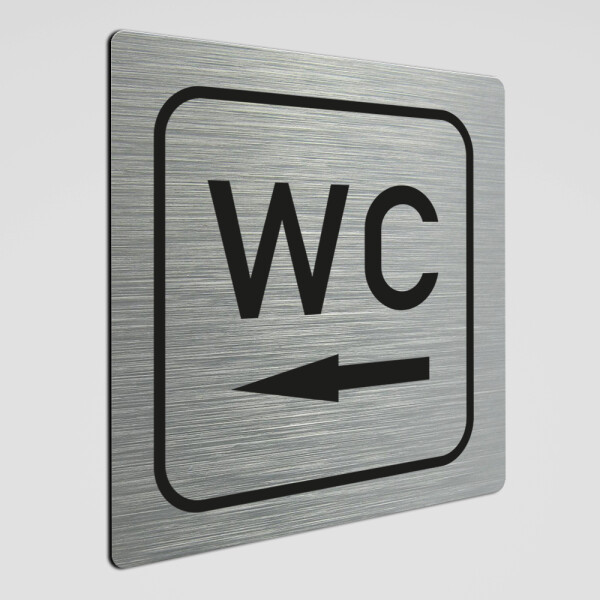 WC Hinweisschild,WC Schild mit Richtungspfeil links, Alu silber gebürstet 20 x 20 cm